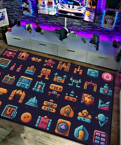 Customizable Old School Arcade Patterns with Game Icon Area Rug