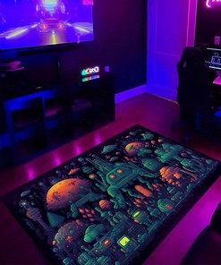 Customizable Pixel Robots Gamer Rug - Alien Worlds, Blink-and-You-Miss-It Detail
