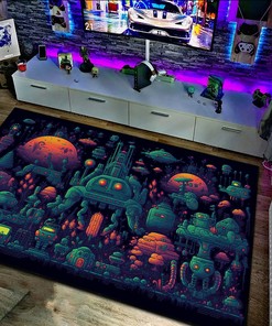 Customizable Pixel Robots Gamer Rug - Alien Worlds, Blink-and-You-Miss-It Detail