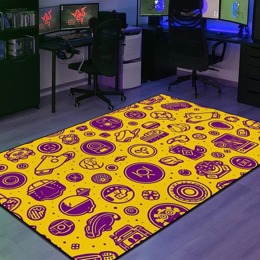 Customizable Purple Circle Icons in Yellow Background Gamer Rug for Home Decor