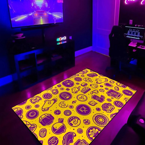 Customizable Purple Circle Icons in Yellow Background Gamer Rug for Home Decor