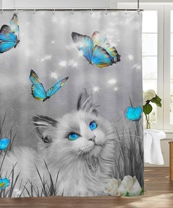Cute Blue Butterfly Shower Curtain with White Cat for Cat Lovers