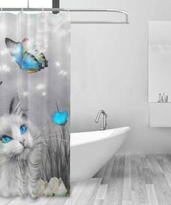Cute Blue Butterfly Shower Curtain with White Cat for Cat Lovers