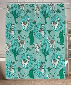 Cute Cartoon Alpacas Shower Curtain - Boho Succulent Cactus Flowers Lovely Kids Animals for Bathroom Decoration
