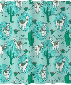Cute Cartoon Alpacas Shower Curtain - Boho Succulent Cactus Flowers Lovely Kids Animals for Bathroom Decoration