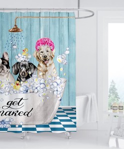 Cute Dog Shower Curtain with Get Naked Quote, Turquoise Blue Rustic Wooden Background for Unique Bathroom Decor, Waterproof Fabric