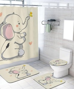 Cute Elephant Shower Curtain - Cartoon Yellow Elephant and Butterfly Print on Bath Curtain for Bathroom Decor