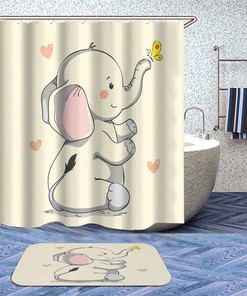 Cute Elephant Shower Curtain - Cartoon Yellow Elephant and Butterfly Print on Bath Curtain for Bathroom Decor