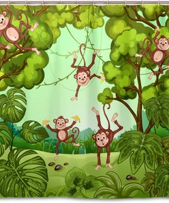 Cute Funny Forest Monkeys Green Leaves Waterproof Shower Curtain Set for Bathroom Decor 