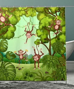 Cute Funny Forest Monkeys Green Leaves Waterproof Shower Curtain Set for Bathroom Decor