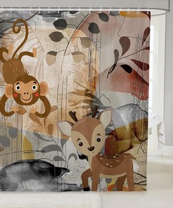 Cute Hedgehog Monkey Deer Shower Curtain for Kids Bathroom Decor