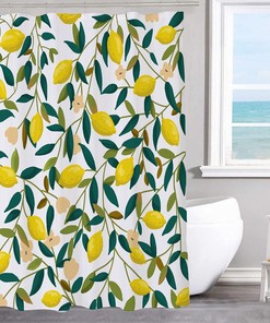 Cute Lemon Shower Curtain, Green Leaves Fabric Bathroom Curtain Waterproof and Machine Washable