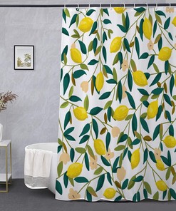Cute Lemon Shower Curtain, Green Leaves Fabric Bathroom Curtain Waterproof and Machine Washable