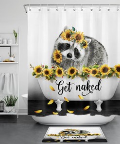 Cute Little Raccoon Shower Curtain - Yellow Sunflower Bathroom Accessories Set - Home Decor