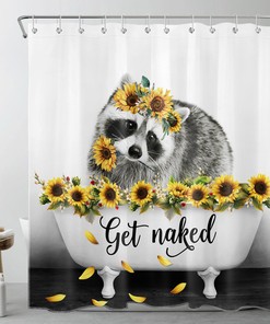 Cute Little Raccoon Shower Curtain - Yellow Sunflower Bathroom Accessories Set - Home Decor