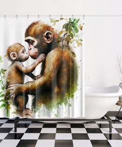 Cute Monkey Animal Curtain, Children's Shower Curtain for Safari Bathroom