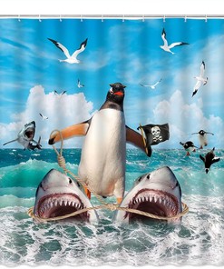 Cute Ocean Animals Shower Curtain with Penguin Riding Shark for Nautical Bathroom Decor