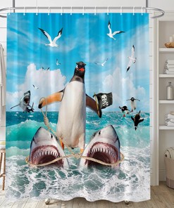 Cute Ocean Animals Shower Curtain with Penguin Riding Shark for Nautical Bathroom Decor