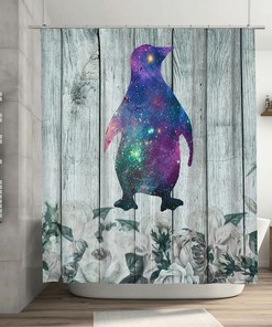 Cute Penguin Galaxy Shower Curtain - Bath Curtain for Space-Themed Bathroom Decor