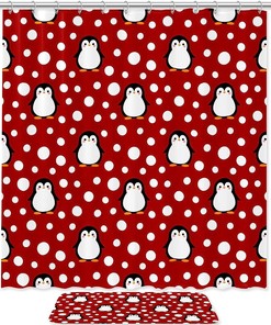 Cute Penguin Shower Curtain in Red - Waterproof Bathroom Curtain