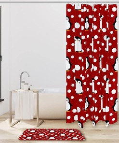 Cute Penguin Shower Curtain in Red - Waterproof Bathroom Curtain