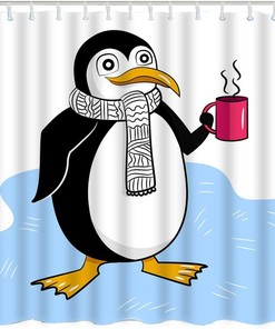 Cute Penguin Shower Curtain with Striped Scarf and Red Cup for Fun Home Decor