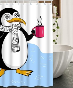 Cute Penguin Shower Curtain with Striped Scarf and Red Cup for Fun Home Decor
