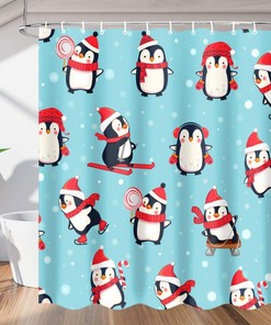 Cute Penguin Winter Shower Curtain - Animal Fabric Shower Curtain for Home Hotels, Bathroom Decor