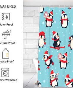 Cute Penguin Winter Shower Curtain - Animal Fabric Shower Curtain for Home Hotels, Bathroom Decor