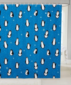 Cute Penguins Shower Curtain for Girls and Boys Bathroom Decor, North Pole Animals Cartoon Blue Dreamy Waterproof Curtain