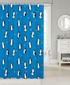 Cute Penguins Shower Curtain for Girls and Boys Bathroom Decor, North Pole Animals Cartoon Blue Dreamy Waterproof Curtain