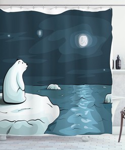 Cute Polar Bear Moon Cartoon Winter Shower Curtain for Bathroom Decor and Housewarming Gift