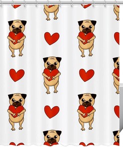 Cute Pug Dog and Heart Shower Curtain for Adorable Bathroom Decor
