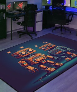 Cute Retro Pixel Robots Space Invaders Rug for Living Room and Bedroom