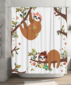 Cute Sloth Shower Curtain: Funny Sloth Gift Box on a Tree