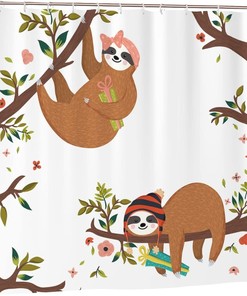 Cute Sloth Shower Curtain: Funny Sloth Gift Box on a Tree