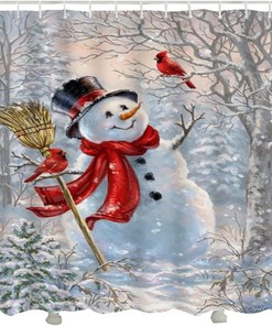 Cute Snowman and Cardinal Shower Curtain for Christmas Bathroom Decor
