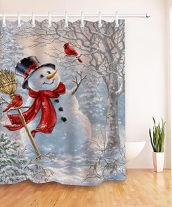 Cute Snowman and Cardinal Shower Curtain for Christmas Bathroom Decor