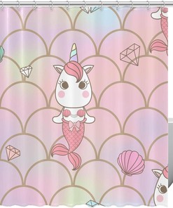 Cute Unicorn Mermaid Seashells Fabric Shower Curtain for Bathroom Decor