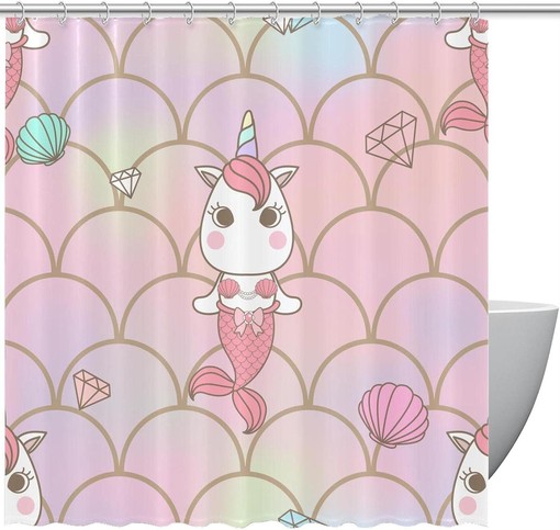 Cute Unicorn Mermaid Seashells Fabric Shower Curtain for Bathroom Decor