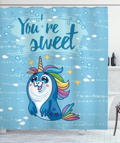Cute Unicorn Shower Curtain with Penguin and Sea Print - Nautical Bathroom Decor