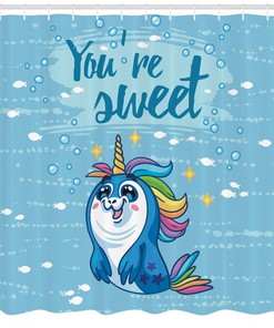 Cute Unicorn Shower Curtain with Penguin and Sea Print - Nautical Bathroom Decor