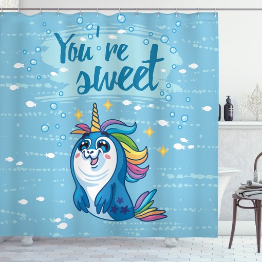 Cute Unicorn Shower Curtain with Penguin and Sea Print - Nautical Bathroom Decor