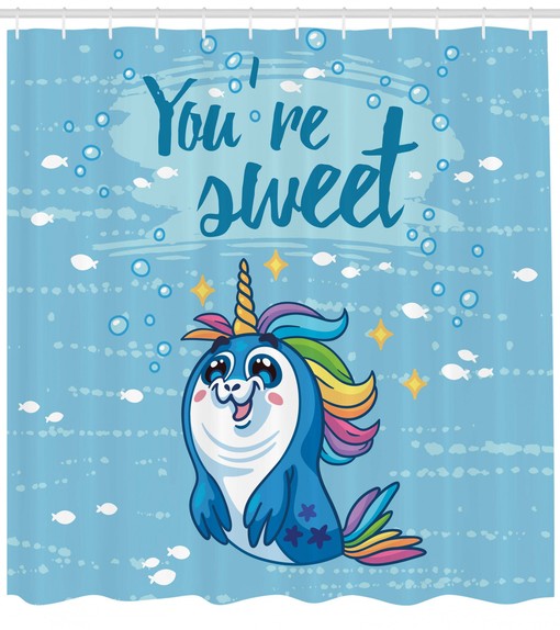 Cute Unicorn Shower Curtain with Penguin and Sea Print - Nautical Bathroom Decor
