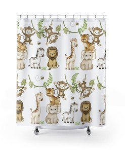 Cute Watercolor Safari Jungle Animals Kids Shower Curtain for Childrens Bathroom Boy Girl Room Decor 