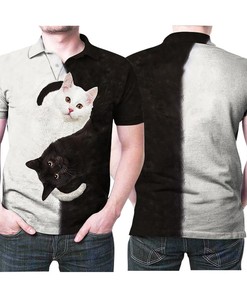 Cute Yin and Yang Black White Cats 3D All Over Print Polo Shirt for Cat Lovers