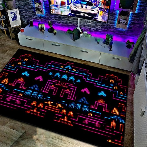 Dark and Neon 80s Arcade Carpet, Area Rugs for Game Rooms