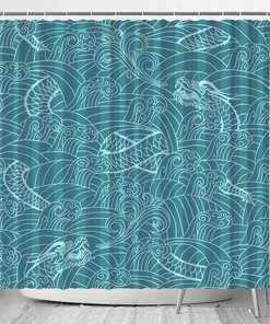 Decorative Chinese Japanese Theme Dragon Ocean Waterproof Bath Curtain Set for a Unique Bathroom Look