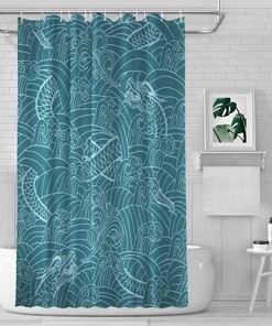Decorative Chinese Japanese Theme Dragon Ocean Waterproof Bath Curtain Set for a Unique Bathroom Look