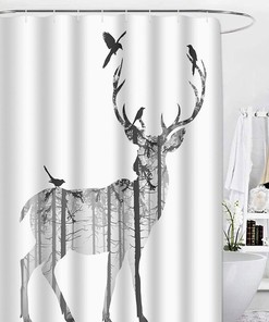 Deer Birds Silhouette Winter Holiday Shower Curtain for Christmas Bathroom Decor